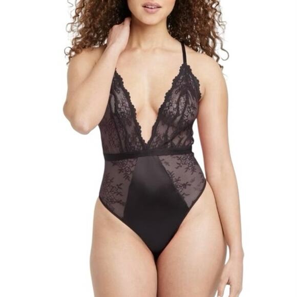 NEW AUDEN Black Lingerie Sheer Lace Contrast Thong Bodysuit Large Adjustable - Picture 1 of 4